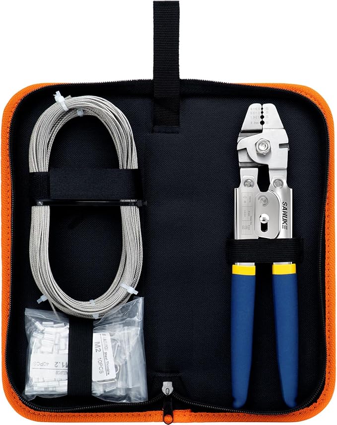 Sanuke Wire Rope Crimping Tool for 3/64 5/64 1/16 Wire Rope with 304 Stainless Steel Cable 3 Sizes 33FT and 150pcs Sleeves Stops, 10pcs Thimble