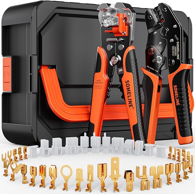 SOMELINE Spade Connector Crimping Tool Kit 24–14 AWG, 40 Types 2.8/4.8/6.3/7.8 mm Quick Disconnect Non-Insulated Connectors and Terminal Housings – Open Barrel Crimping Tool