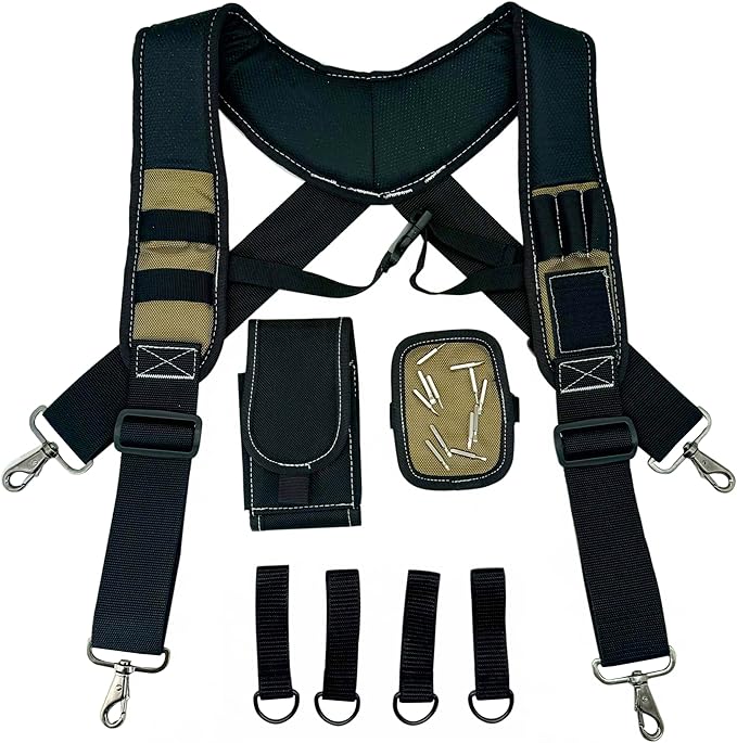 Tool Belt Suspenders for Work Belt Heavy Duty Padded with Magnetic WristBand Attachment Loops for Men (Khaki)