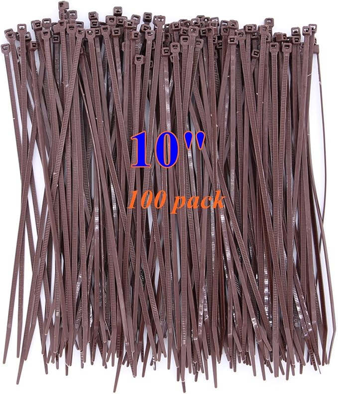 10 Inch Dark Brown Zip Ties Outdoor Use-Pack of 100, Self Locking Plastic Cable Ties for Fence, Small DIY Tie, Cable Management Outside Garden Trellis Tightening Tool, Cord Strap Halloween Decorations