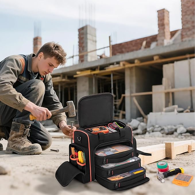 Tool Bag with 3 Removable Cases, 2 Layers Tool Tote for Hand Tools, Black with Red Binding