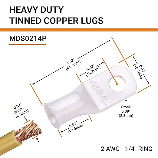 SELTERM 10pcs 2 AWG-1/4" Stud Tinned Copper Wire Lugs, Heavy Duty Battery Cable Ends,2 Gauge Ring Terminals, UL Battery Lugs Marine Grade Copper Eyelets Electrical Battery Terminal Connectors