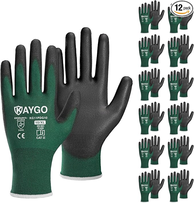 KAYGO Work Gloves for Men and Women,12 Pairs Seamless Knit PU Coated Safety Gloves, with Smooth Grip on Palm and Fingers, Ideal for Light Warehouse, Manufacturing, Gardening, KG11P (XL,Dark Green)