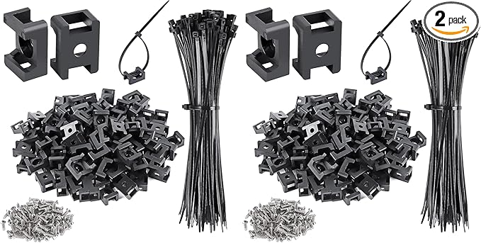 XHF 100 Pcs Cable Zip Tie Saddle Type Mounts Base with 100 Pcs 8" Cable Ties and 100 Pcs Tapping Screw, Wire Cable Clips Organizer Holders Clamps Black (Pack of 2)