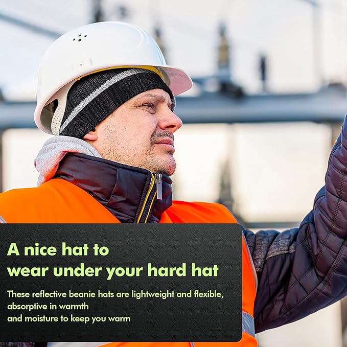 Reflective Knit Hat Safety Beanies Adult High Visibility Beanie Neon Winter Knit Caps with Reflective Stripe