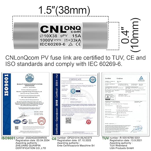 10pcs gPV Solar PV Fuse Link 15A 1000V DC 10x38mm Fuse 33kA Breaking Capacity for Solar, PV Combienr Box (15 Amp)