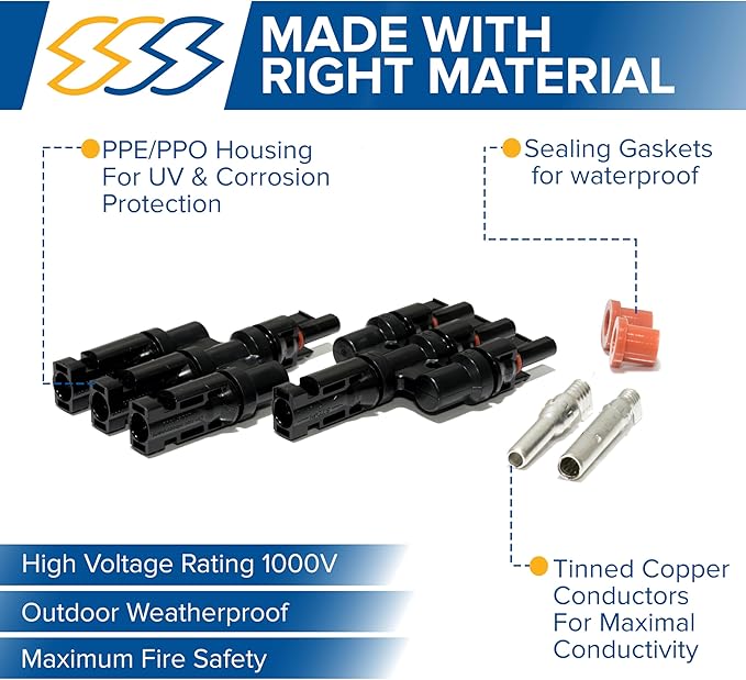 2 Pcs Solar T-Connectors IP67 Waterproof Solar Panel Cable Connectors | Solar String Splitter/Joiner - (1-3 (M/FFF and F/MMM)- 1 Pair)