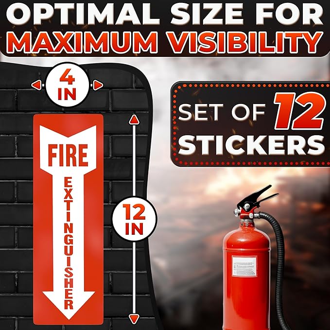 12 Pack Fire Extinguisher Stickers – 4x11.8 Inch Vinyl Signs | Waterproof & Fade-Resistant Safety Decals for Indoors & Outdoors | Easy to Apply on Walls & Doors, for Cabinets, Offices & Commercial Use