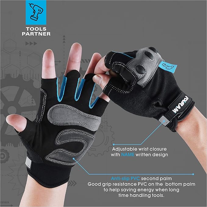 FOUR-AM Work gloves Men Fingerless Mechanic Gloves Shock-Grip, Anti-Collision For Men Women