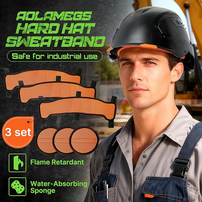 Aolamegs Hard Hat Sweatband and Top Pad - 3 Set Washable Hard Hat Sweat Bands with Helmet Padding,3-Layer Fabri Hardhat Sweat Liner Replacement,Hardhats Accessories for Welding/Construction Helmet