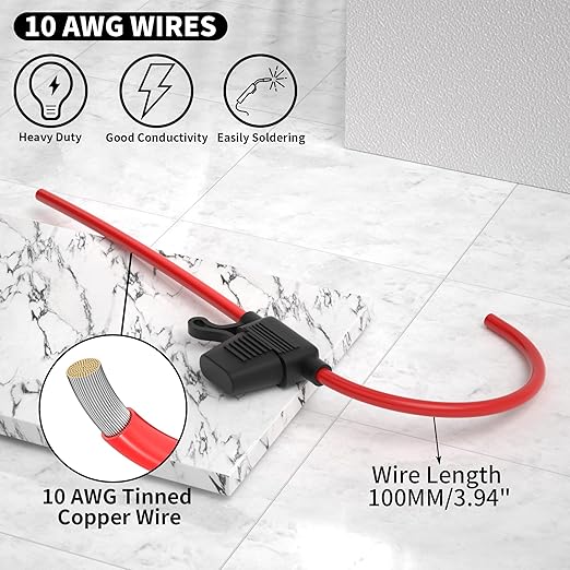 DAIERTEK 10 Gauge Fuse Holder 12V for ATC/ATO Blade Fuses, Inline Fuse Holder with 10 AWG Wires, Waterproof, 30A/40A Fuses, 6pcs