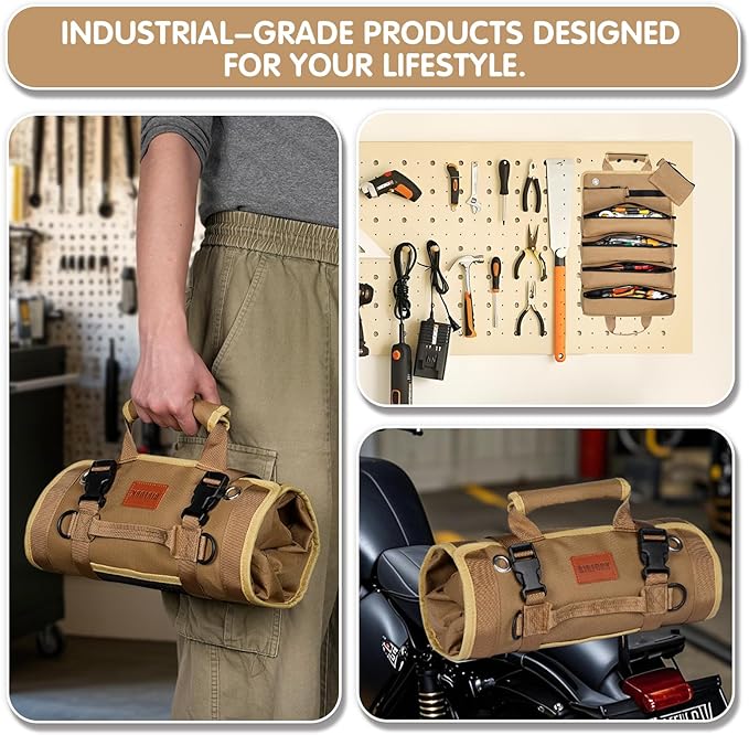 Roll Up Tool Bag, Heavy Duty Portable Tool Organizer with 2 Detachable Pouches and 4 Compartments, Water-Resistant Canvas Tool Roll for Car Garage Electrician Mechanic Handyman (Khaki)