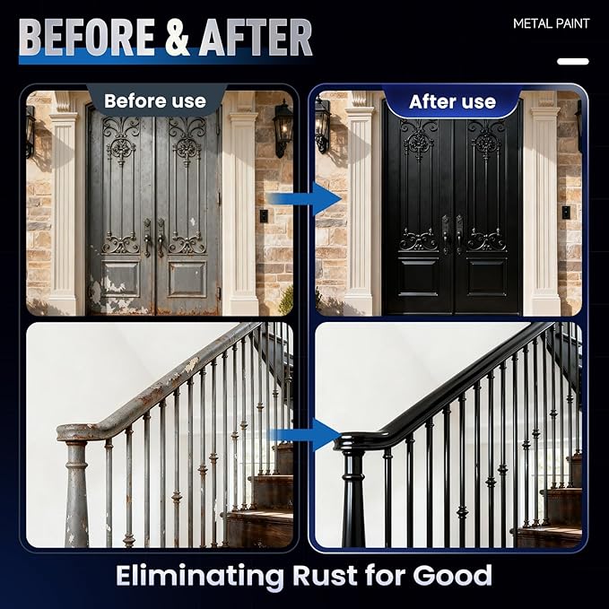 Metal Paint - Waterpoof Anti Rust Preventative - Black Paint for Metal - Door/Outdoor - Direct to Gate, Furniture, Fence, Railing, Craft and More, 25-30sq.ft, 16oz