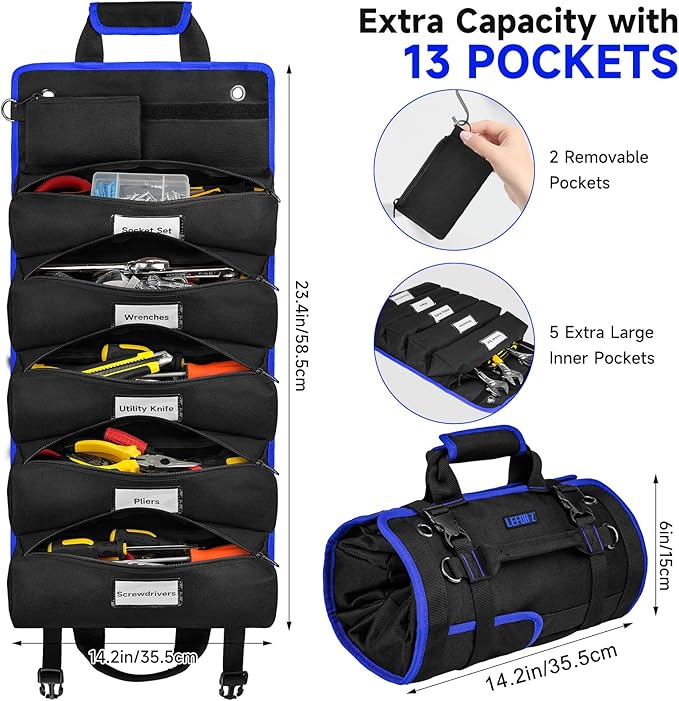 Tool Bag,Large Roll Up Tool Bag Organizer,13 Pockets Tool Roll Storage Pouch,Heavy Duty Portable Tool Storage Carrier Bag for Men,Mechanic,Electrician,Valentines Day Gifts for Men,Black/Blue