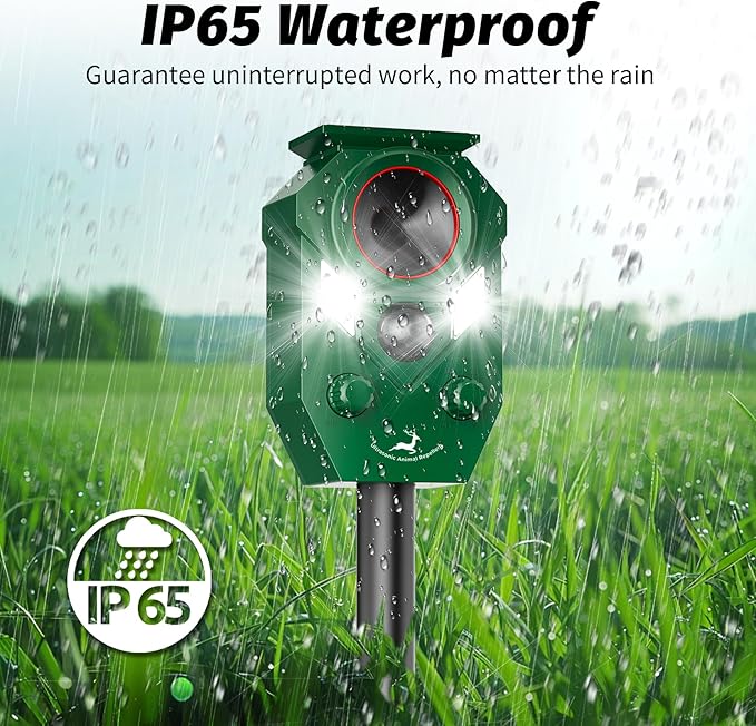 Solar-Powered Ultrasonic Animal Repellent with Motion Sensor, Perfect for Outdoor Yards, Deer Repellent Device with LED Flashing Lights, Effective to Repel Deer, Coyotes, Raccoons, and Cats