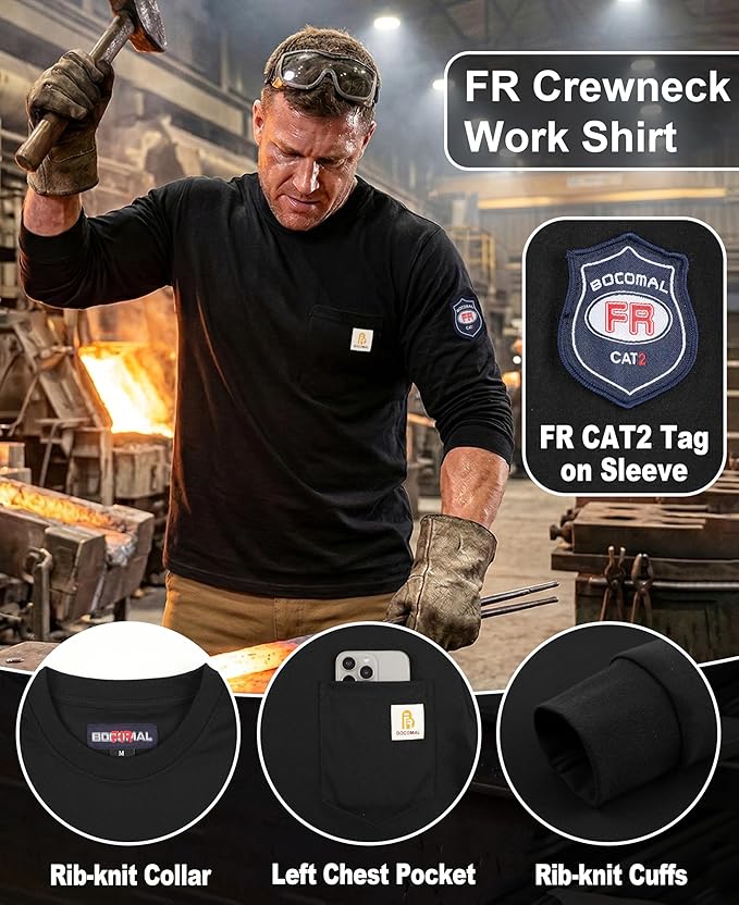 BOCOMAL FR Shirts Lightweight Classic Crew Long Sleeve Fire Resistant Shirt CAT2