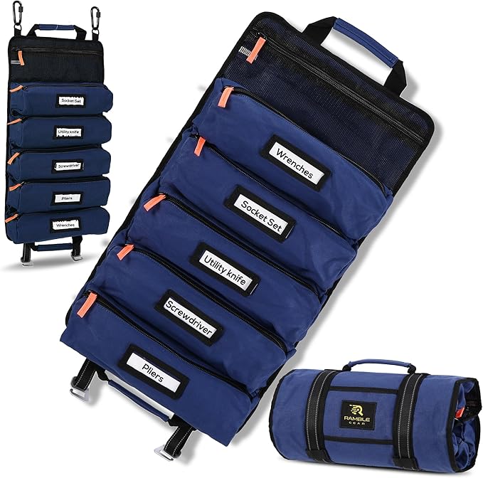 Roll Up Tool Bag Organizer – Heavy Duty Canvas Tool Roll Bag, Tool Roll Up with 5 Oversized Labeled Pockets & Carabiners, Portable Roll Up Tool Organizer for Mechanic, Truck & Car (Blue)