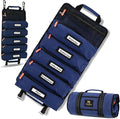 Roll Up Tool Bag Organizer – Heavy Duty Canvas Tool Roll Bag, Tool Roll Up with 5 Oversized Labeled Pockets & Carabiners, Portable Roll Up Tool Organizer for Mechanic, Truck & Car (Blue)
