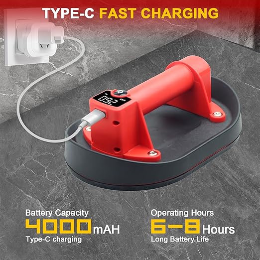 Electric Vacuum Suction Cup, Glass Suction Cup, Tile Suction Cup, Tile Tools, 573LBS Lifter with Digital Display,8H Battery Life,Auto Start Pump, Suitable for Glass,Metal,Windshield,1Pack