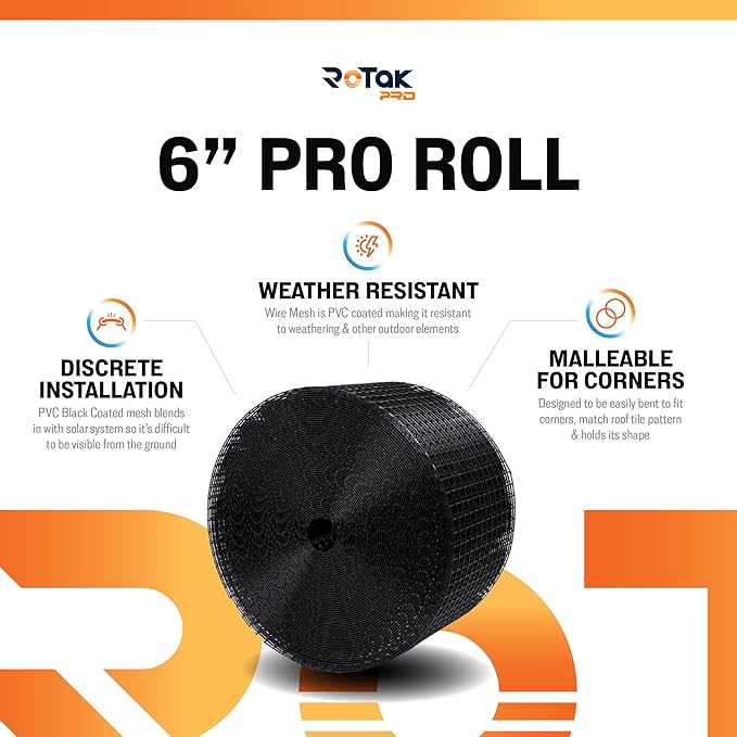 ROTAK Critter Guard PRO - 6in x 100ft Solar Panel Bird Prevention Roll Kit with 100 Fastener Clips - Heavy Duty Galvanized Black PVC Coated ½ inch Wire Roll Mesh (6" PRO + 100 Clips)