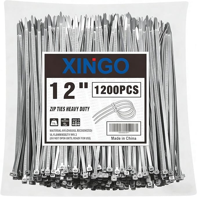 XINGO 12 Inch Silver Zip Ties 1200PCS, 75 LBS Ultra Strong Tensile Strength, UV Resistant Cable Ties, Self-locking Plastic Ties for Indoor and Outdoor Use