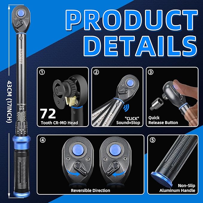 1/2-Inch Drive Click Torque Wrench, Dual-Direction Click Professional Torque Wrench 10-170FT.LB/13.6-230.5N.M, Dual Range Scales Graduated in FT.LB and N.M, Blue