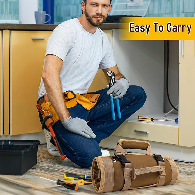 Tool Bag, Tool Bags for Men, Heavy Duty Tool Organizer, Portable Roll Up Tool Bag Gifts For Him, Mechanic, Electrician and Hobbyist, Car Tool Roll Organizer - Khaki
