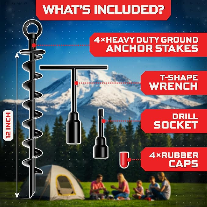 Happin® Trampoline Stakes, Trampoline Accessories, Ground Stakes Heavy Duty, Ground Anchors Screw in, Rebar Stakes, Tent Anchors, Yard Spikes, Galvanized Steel (4 Pack Spiral, Black)