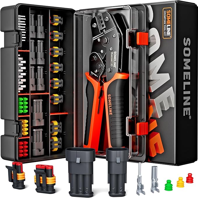 SOMELINE Waterproof Automotive Electrical Connectors Crimping Tool Kit, with 2/3 Pin Automotive Connectors, Pins and 22–14 AWG Ratchet Crimper – For Car, Truck, Motorcycle, Marine & DIY Wiring