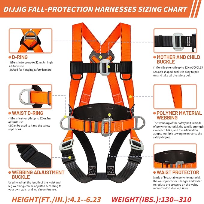 Safety Harness Fall Protection Kit Full Body Roofing Harnesses With Internal Shock Absorbing Lanyard, Orange Safety Harness For Construction OSHA/ANSI Compliant