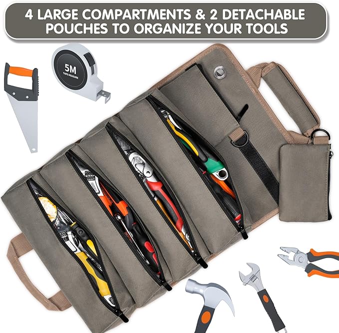 Roll Up Tool Bag, Heavy Duty Portable Tool Organizer with 2 Detachable Pouches and 4 Compartments, Water-Resistant Canvas Tool Roll for Car Garage Electrician Mechanic Handyman (Army Green)