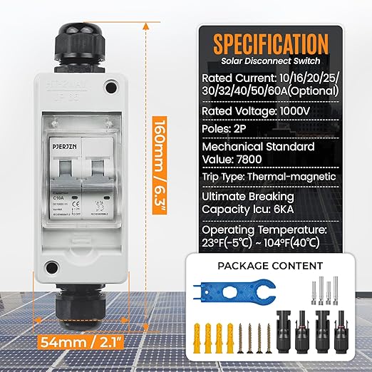 Solar Panel Disconnect Switch 1000V 10A PV Shut Off Switch Outdoor Circuit Breaker Box for Solar PV Homes Battery (10Amp)