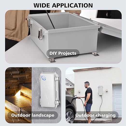 Waterproof Outdoor IP67 Junction Box (7.9"x3.9"x2.8") with Mounting Plate, Hinged Grey Cover and Wall Brackets - Weatherproof ABS Plastic Electrical Enclosure for DIY Projects (200x100x70mm)