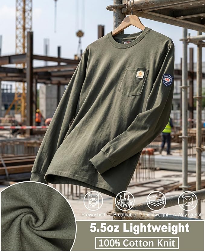 BOCOMAL FR Shirts Lightweight Classic Crew Long Sleeve Fire Resistant Shirt CAT2