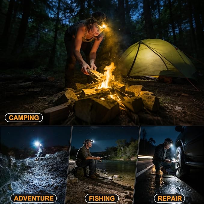 Rechargeable Headlamp Super Bright, Dual Color White & Warm Light Head Lamp, High Lumens Zoomable Head Light, 90° Adjustable, IPX7 Waterproof Head Torch for Camping Hiking Fishing Work