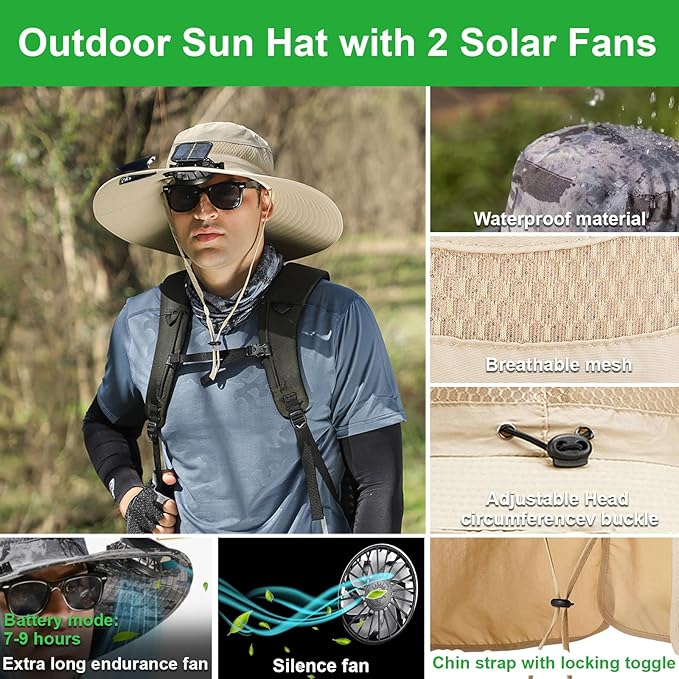 Fishing Hats with Sunglasses, Wide Brim Sun Hat with 2 Solar Fan, USB & Solar Powered Fishing Hats, Solar Fan Hats UPF 50+