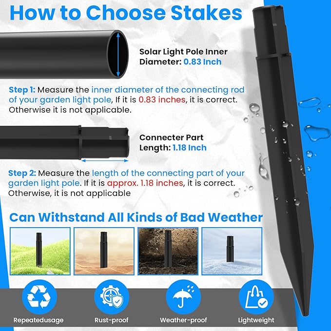 SDTC Tech 12-Pack ABS Ground Spikes (Only Fit for Round Pole of 0.83" Inside Diameter) Solar Torch Light Garden Plastic Ground Stakes for Garden Light Pathway Markers, 8.2 Inch Length