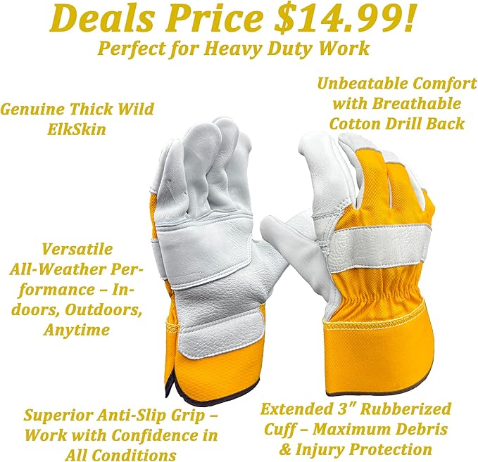 SKYDEER Premium Very Thick Wild Elkskin Leather Heavy Duty Work Gloves for Men (2 Pairs Large), All-Weather Durable & Breathable, Anti-Slip Grip for Heavy-Duty Labor, Construction, and Gardening