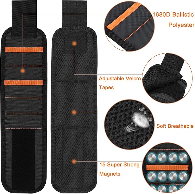 Magnetic Wristband with 15 Strong Magnets, Tool Belt Magnetic Wrist band for Holding Screws, Nails, Drill Bits, Perfect Gifts Gadgets for Men, Father/Dad, Husband and Carpenters