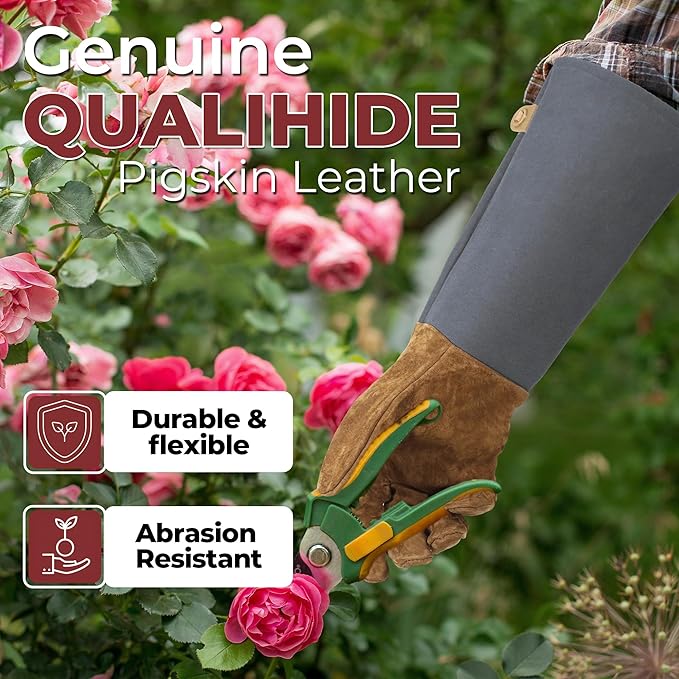 HANDLANDY Long Gardening Gloves for Men & Women, Pigskin Leather Rose Pruning Gloves, Breathable Thorn Proof Gauntlet Glove (Steel Gray, M)