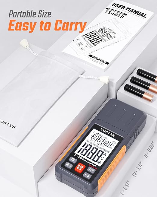Decibel Meter, TopTes TS-501B Sound Level Meter with 2.25” Backlit LCD Screen, Portable SPL Tester with A/C Weighted, Range 30-130dB, MAX/MIN, Data Hold, Use for Home, Noisy Neighbor, Factory - Orange