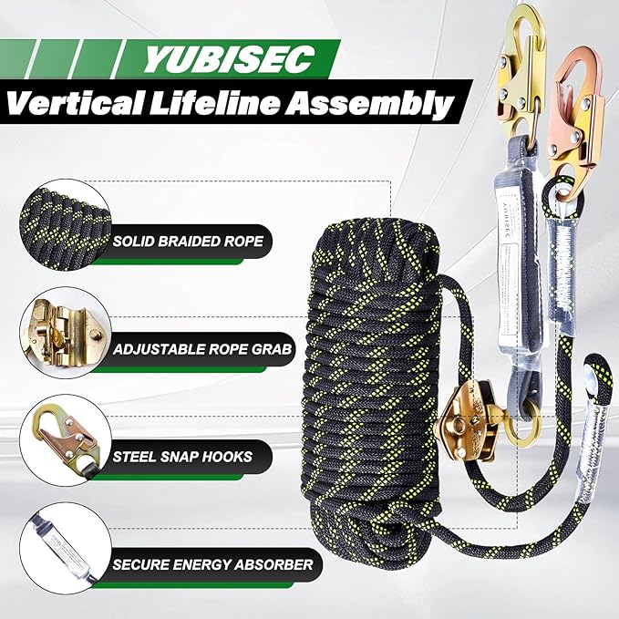 Vertical Lifeline Assembly 150FT, Polyester Rope Harness Safety with Two Grab Snap Hooks Shock Absorber, Fall Protection Safety Rope for Roofing Work, ANSI Compliant