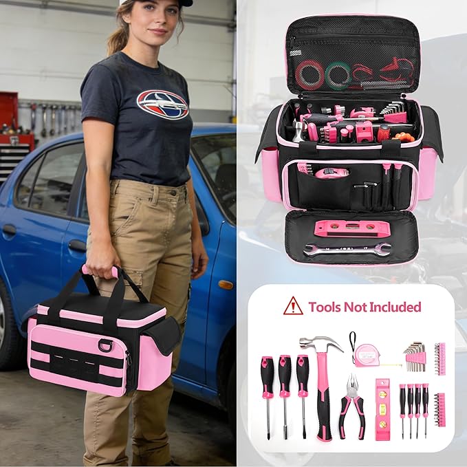 Pink Tool Bag for Women, Tool Storage Organizer with Anti-friction and Thick Padded Bottom, Tactical Range Bag, Multi-functional Work Bag for Repairman, Electrician, Carpenters, Pink