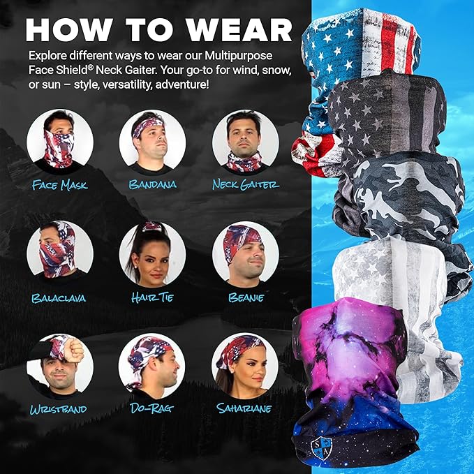 S A Company 5-Pack UV Face Shield | UV 30+ Multipurpose Neck Gaiter Balaclava for Adults | Multiple Color Packs