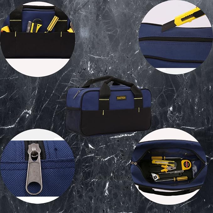 FASTECH 14 Inch Small Tool Tote Bag, Wide Mouth Tool Tote Bag, Waterproof Tool Organizer Bag, Multi-Pockets Wide Mouth Tool Tote For Man/Woman (Blue)