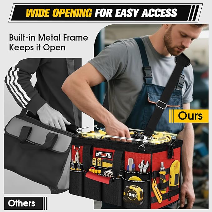 16-Inch Heavy Duty Tool Bag, 19-Pockets Tool Box Organizer, Portable Toolbag W/Soft Handle for Organized Storage, Mechanic Gifts for Men Dad Husband Fathers Day, Wide Mouth Electrician Toolbox, Red