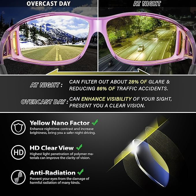 URUMQI Night Vision Driving Glasses Fit Over Eyeglasses for Men Women, Anti Glare Polarized Nighttime Glasses Yellow Lens