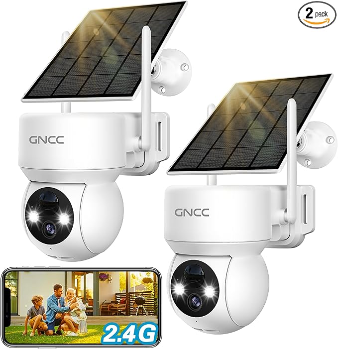 GNCC Solar Security Cameras Wireless Outdoor, 2.4G WiFi 360° View Solar/Battery Powered Cameras for Home Security with AI Human Detection, Color Night Vision, 2-Way Audio, SD/Cloud Storage, 2 Pack