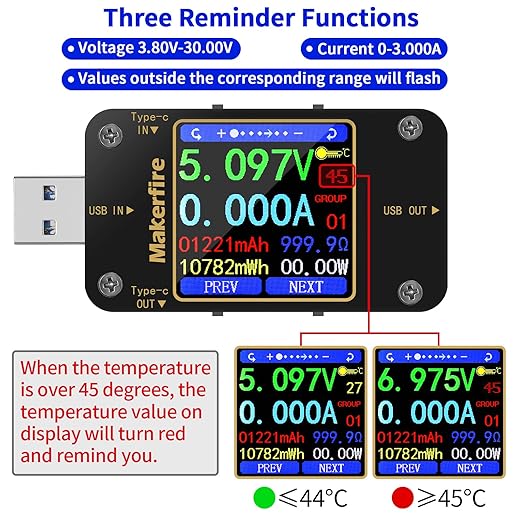 MakerHawk USB Multimeter USB Voltmeter Ammeter Load Tester USB Voltage Current PD Battery Power Capacity Charger Type C Meter Tester LCD Display Cable Resistance QC2.0/3.0/4.0 N20 1.54 Inch Screen