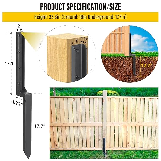 Heavy Duty Steel Fence Post Repair Stakes, Fence Post Anchor Ground Spike, for Repair Tilted/Broken Wood (8 Pack/Black